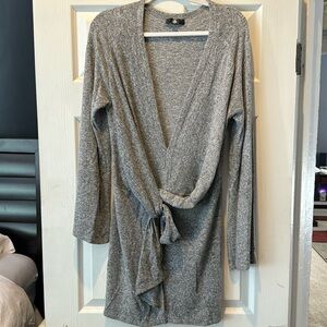 Gray low cut sweater dress with tie